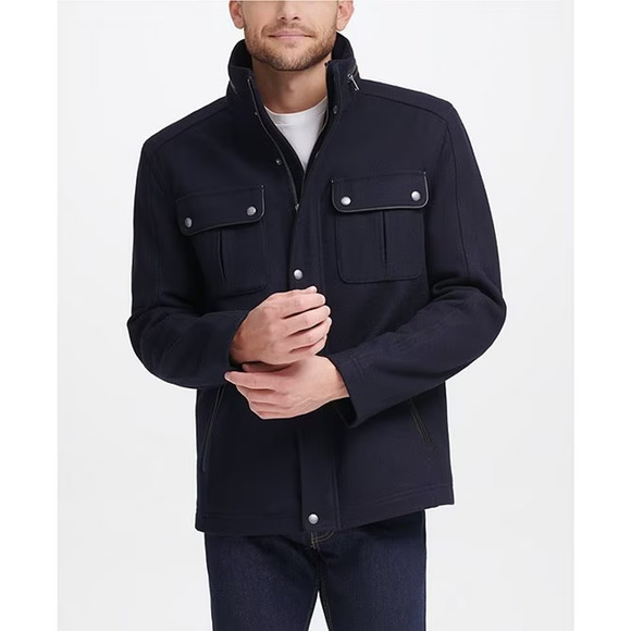 Cole Haan NWT Men's Melton Trucker Charcoal Faux Leather Trim Wool-Blend Coat L
